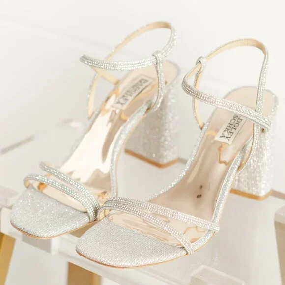 Badgley Mischka Rebekah Platinum Silver Women 8 Block Heel Sandal Fabric - Picture 6 of 14